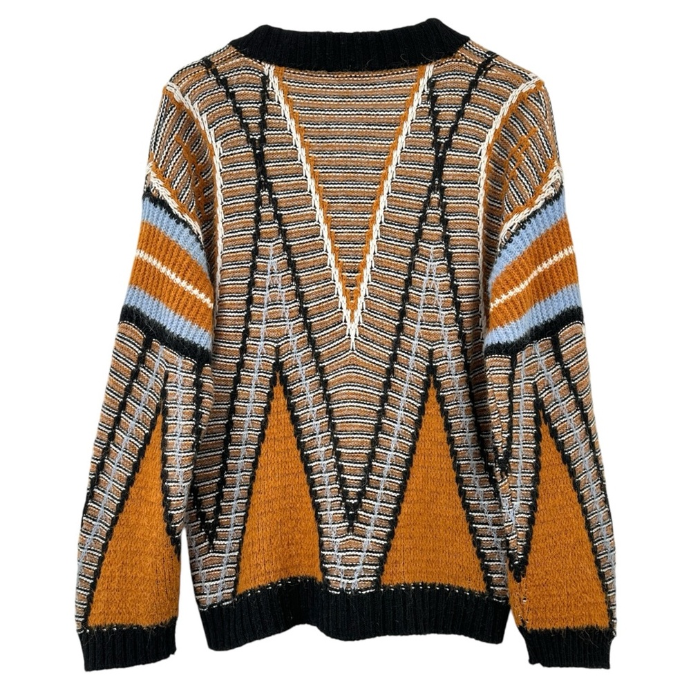 Vintage SHe(e)r Brown Gray Black Blue Chevron Loose Fit Wool Blend Knit Cardigan - Picture 3 of 6